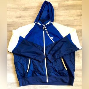 Men Nike Windbreaker Jacket Coat Blue White Logo Back Hoodie Zip Up